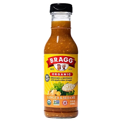 Made with Bragg® Apple Cider VinegarnBragg® Organic Ginger & Sesame Dressing includes the delicious flavor of Bragg® Organic Coconut Liquid Aminos, organic ginger and organic sesame seeds, blended into a smooth, zesty dressing.