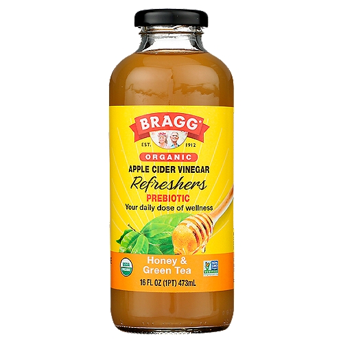 Bragg Organic Honey & Green Tea Prebiotic Apple Cider Vinegar, 16 fl oz
Bragg® Organic Apple Cider Vinegar Refreshers provide your daily dose of Apple Cider Vinegar (ACV) in a variety of delicious flavors. Each bottle contains two tablespoons of apple cider vinegar.