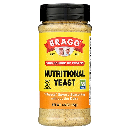 Bragg Nutritional Yeast Seasoning, 4.5 oz
''Cheesy'' Savory Seasoning without the Dairy

This Product Does Not Contain the Following: Sugar, Egg, Milk, Gluten, Wheat, Starch, Soy, Animal Derivatives, Artificial Color or Preservatives. There Is No Candida Albicans Yeast or Brewery by Products as In Brewer's Yeast.

Bragg® Nutritional Yeast Seasoning is 100% dairy free and provides great-taste and nutrition when added to a wide variety of foods and recipes. Add to soups, dips, spreads, popcorn, vegetables and pasta for extra flavor! Its 'cheese-like' savory flavor makes it a delicious and nutritious alternative for cheese.

Nutritional Yeast Benefits:
• With 5g of protein per serving, nutritional yeast is a good source of protein.
• Packed with B vitamins that are vital for body metabolism, skin health and brain development.
• Excellent source of Thiamin, Riboflavin, Niacin, Folic acid and Vitamins B6 and B12.
