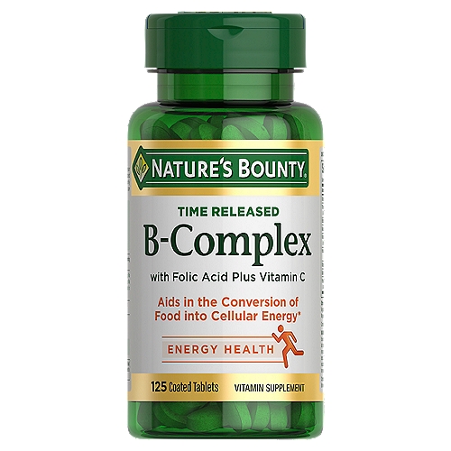 Nature's Bounty Time Released B-Complex Coated Tablets, 125 count
Vitamin Supplement

Aids in the conversion of food into energy*

Supports immune health*

Vitamin B-12 supports energy by converting food into energy.*
*These statements have not been evaluated by the Food and Drug Administration. This product is not intended to diagnose, treat, cure or prevent any disease.

Non-GMO, no artificial color, no artificial flavor, no preservatives, no sugar, no starch, no milk, no lactose, no soy, no gluten, no wheat, no yeast, no fish. Sodium free. Suitable for vegetarians.