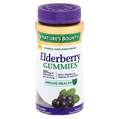 Nature's Bounty Elderberry Flavored Gummies, 100 mg, 70 count
Dietary Supplement

Gelatin free†
†This product is not suitable for vegetarian/vegan.

No artificial flavor, no artificial sweetener, no milk, no lactose, no soy, no gluten, no wheat, no yeast, no shellfish.