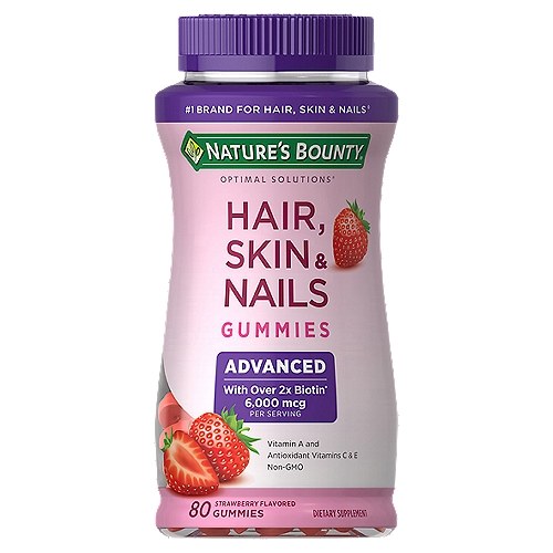 Nature's Bounty Optimal Solutions Strawberry Flavored Hair, Skin & Nails Gummies, 80 count
Give your beauty routine an upgrade with new Nature's Bounty® Advanced Hair Skin & Nails Gummies! Packed with 2x the amount of Biotin as our leading Hair, Skin & Nails gummy formula, each serving contains 6,000mcg of Biotin to support beautiful hair, glowing skin, and healthy nails.* Bursting with a delicious strawberry flavor, our Advanced formula is Non-GMO and now includes Vitamin A and also contain antioxidants Vitamin C and Vitamin E. As an added bonus, our delicious gummies are and made from naturally sourced colors and flavors, making them the perfect supplement to your beauty regimen from the #1 Brand for Hair, Skin & Nails.*◊

*These statements have not been evaluated by the Food and Drug Administration. This product is not intended to diagnose, treat, cure or prevent any disease. †Compared to Nature's Bounty® Optimal Solutions Hair, Skin & Nails Gummies. ◊Source: IRI Total US-Multi Outlet: Latest Completed 52 weeks ending 5/24/20