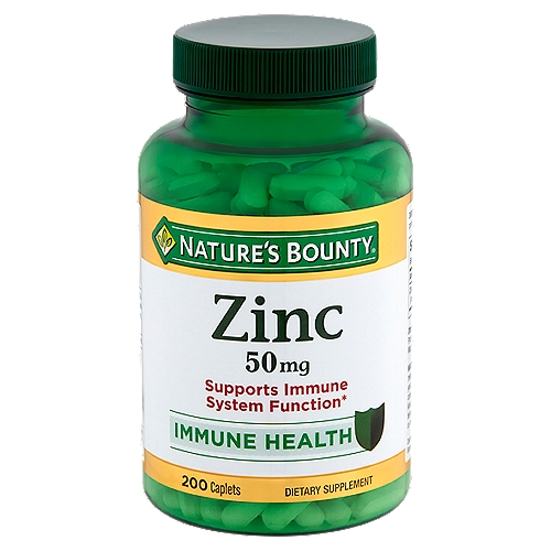 Nature's Bounty Zinc Dietary Supplement, 50 mg, 200 count
Supports immune system function*
*This statement has not been evaluated by the Food and Drug Administration. This product is not intended to diagnose, treat, cure or prevent any disease.

Non-GMO, no artificial color, no artificial flavor, no artificial sweetener, no sugar, no starch, no milk, no lactose, no soy, no gluten, no wheat, no yeast, no fish. Sodium free. Suitable for vegetarians.