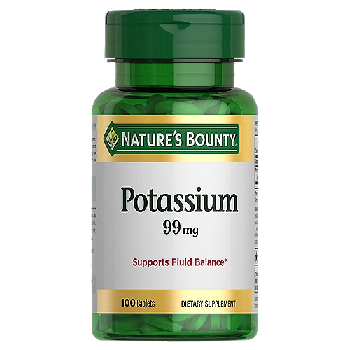 Nature's Bounty Potassium Caplets, 99 mg, 100 count
Dietary Supplement

Supports fluid balance*
*This statement has not been evaluated by the Food and Drug Administration. This product is not intended to diagnose, treat, cure or prevent any disease.

Non-GMO, no artificial color, no artificial flavor, no artificial sweetener, no preservatives, no sugar, no starch, no milk, no lactose, no soy, no gluten, no wheat, no yeast, no fish. Sodium free. Suitable for vegetarians.