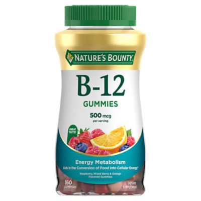 Nature's Bounty B-12 Gummies, Energy Metabolism, 500mcg, Raspberry, Mixed Berry and Orange Flavored, 160 gummies