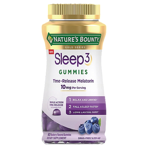 Nature's Bounty Gold Series Sleep3 Blueberry Flavored Gummies Dietary Supplement, 10 mg, 60 count