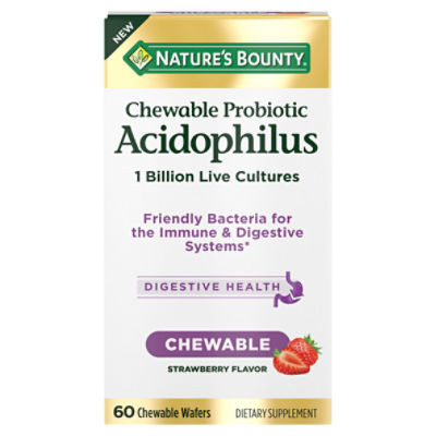 Nature's Bounty Chewable Probiotic Acidophilus with 1 Billion Live Cultures, Friendly Bacteria to Immune and Digestive System, Strawberry Flavored, 60 Wafers