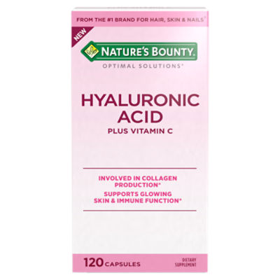 Nature's Bounty Optimal Solutions Hyaluronic Acid, Supports Glowing Skin and Immune function, With Vitamin C, 120 Capsules