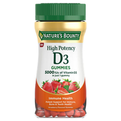 Nature's Bounty High Potency Vitamin D3, Immune Health, Bone & Teeth Health, Strawberry Flavored Gummies, 60 Ct