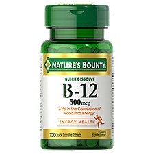 Nature's Bounty Vitamin B12, Supports Energy Metabolism and Nervous System Health, 500mcg, 100 Quick Dissolve Tablets, 100 Each