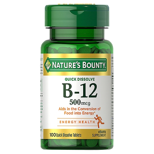 Nature's Bounty Vitamin B12, Supports Energy Metabolism and Nervous System Health, 500mcg, 100 Quick Dissolve Tablets
