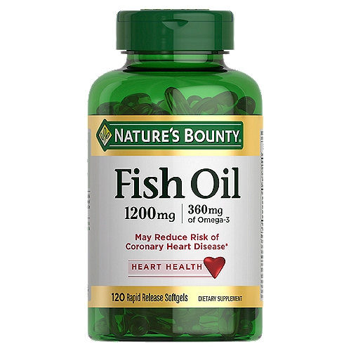 Nature's Bounty Fish Oil Rapid Release Softgels, 1200 mg, 120 count
Dietary Supplement

May reduce risk of coronary heart disease*
*Supportive but not conclusive research shows that consumption of EPA and DHA omega-3 fatty acids may reduce the risk of coronary heart disease. One serving of fish oil provides 360 mg total of EPA, DHA and other omega-3 fatty acids.

Non-GMO, no artificial color, no artificial flavor, no artificial sweetener, no preservatives, no sugar, no starch, no milk, no lactose, no gluten, no wheat, no yeast, no shellfish. Sodium free.