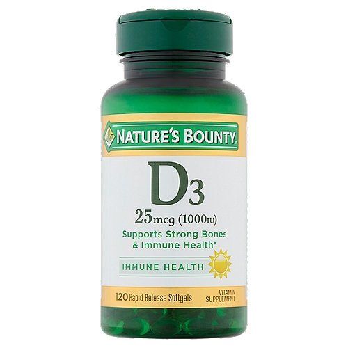 Nature's Bounty D3 Rapid Release Softgels, 25 mcg (1000 IU), 120 count
Vitamin Supplement

Supports strong bones & immune health*
*This statement has not been evaluated by the Food and Drug Administration. This product is not intended to diagnose, treat, cure or prevent any disease.

Your sunshine vitamin

Non-GMO, no artificial color, no artificial flavor, no artificial sweetener, no preservatives, no sugar, no starch, no milk, no lactose, no gluten, no wheat, no yeast, no fish. Sodium free.