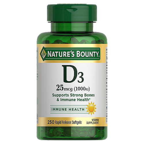 Nature's Bounty Vitamin D3, Immune & Bone Support, 1000 IU, 250 Rapid Release Softgels