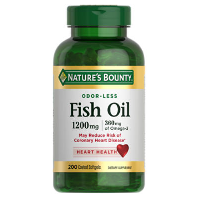 Nature's Bounty Odor-Less Fish Oil, Dietary Supplement, Supports Heart Health,1200 mg, 200 Coated Softgels, 200 Each