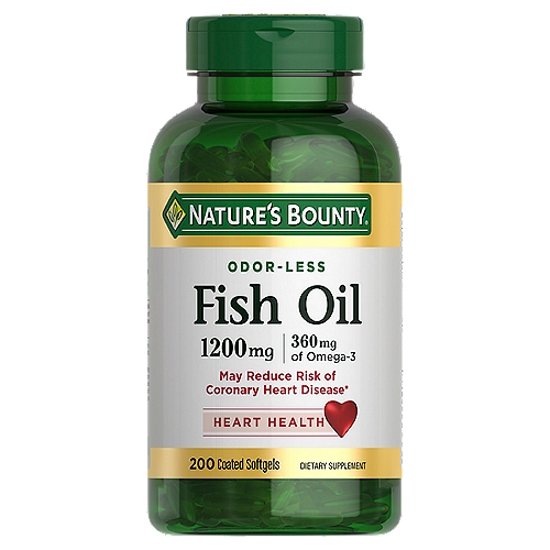 Nature's Bounty Odor-Less Fish Oil Dietary Supplement, 1200 mg, 200 count
May reduce risk of coronary heart disease*
*Supportive but not conclusive research shows that consumption of EPA and DHA omega-3 fatty acids may reduce the risk of coronary heart disease. One serving of fish oil provides 720 mg total of EPA, DHA and other omega-3 fatty acids.

Provides 720 mg of total omega-3 fatty acids†
†As natural triglycerides

Non-GMO, no artificial color, no artificial flavor, no artificial sweetener, no sugar, no starch, no milk, no lactose, no gluten, no wheat, no yeast, no shellfish.