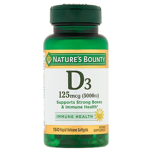 Nature's Bounty D3 Rapid Release Softgels, 125 mcg (5000 IU), 150 count
Vitamin Supplement

Supports strong bones & immune health*
*This statement has not been evaluated by the Food and Drug Administration. This product is not intended to diagnose, treat, cure or prevent any disease.

Non-GMO, no artificial color, no artificial flavor, no artificial sweetener, no preservatives, no sugar, no starch, no milk, no lactose, no gluten, no wheat, no yeast, no fish. Sodium free.