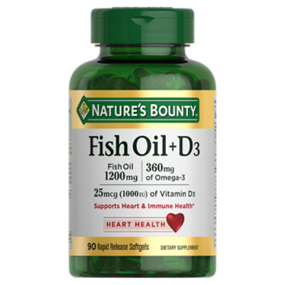 Nature's Bounty Omega-3 Fish Oil 1200 mg + D3 Softgels for Heart & Immune Health, 90 ct