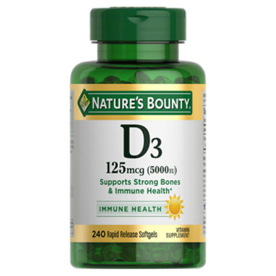 Nature's Bounty Vitamin D3, Immune Support, 125 mcg (5000iu), 240 Rapid Release Softgels, 240 Each