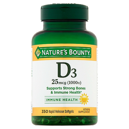 Nature's Bounty D3 Rapid Release Softgels, 25 mcg (1000 IU), 350 count
Vitamin Supplement

Supports strong bones & immune health*
*This statement has not been evaluated by the Food and Drug Administration. This product is not intended to diagnose, treat, cure or prevent any disease.

Non-GMO, no artificial color, no artificial flavor, no artificial sweetener, no preservatives, no sugar, no starch, no milk, no lactose, no gluten, no wheat, no yeast, no fish. Sodium free.