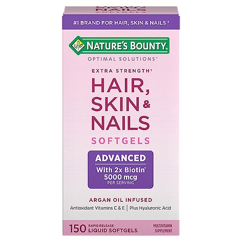 Nature's Bounty Optimal Solutions Extra Strength Hair, Skin & Nails Softgels, 150 count
Multivitamin Supplement

Lustrous hair*
Healthy nails*
Vibrant skin*

Being healthy is always beautiful. With Nature's Bounty® Optimal Solutions® Extra Strength Hair, Skin & Nails formula with argan oil you'll look good and feel great!* It contains just the right balance of nutrients to support lustrous hair, healthy nails and vibrant skin.*

This innovative formula provides you with the vital nutrients and ingredients in beauty care to support your natural beauty from within.* High potency B vitamins help with energy metabolism and biotin helps to maintain healthy hair and nails.* Vitamin E is an antioxidant and vitamin C is involved in collagen production and formation, which forms the basis for vibrant skin.* Vitamin A assists with skin maintenance and overall health.*

*These statements have not been evaluated by the Food and Drug Administration. This product is not intended to diagnose, treat, cure or prevent any disease.

No artificial flavor, no preservatives, no sugar, no starch, no milk, no lactose, no gluten, no wheat, no fish.