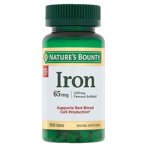 Nature's Bounty Iron Tablets, 65 mg, 100 count
Mineral Supplement

(325 mg ferrous sulfate)⬨
⬨Please Note: Dried ferrous sulfate 205 mg is equivalent to 325 mg liquid ferrous sulfate, which provides 65 mg elemental iron per tablet.

Supports red blood cell production*
Helps maintain energy utilization*
*These statements have not been evaluated by the Food and Drug Administration. This product is not intended to diagnose, treat, cure or prevent any disease.

Non-GMO, no artificial color, no artificial flavor, no artificial sweetener, no preservatives, no sugar, no starch, no milk, no lactose, no soy, no gluten, no wheat, no yeast, no fish. Sodium free. Suitable for vegetarians.