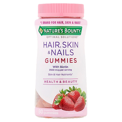 Nature's Bounty Optimal Solutions Strawberry Flavored Gummies Dietary Supplement, 80 count
Strawberry Flavored Hair, Skin & Nails Gummies Dietary Supplement

Skin & hair nutrients*
*This statement has not been evaluated by the Food and Drug Administration. This product is not intended to diagnose, treat, cure or prevent any disease.

No artificial flavor, no artificial sweetener, no milk, no lactose, no soy, no gluten, no wheat, no yeast, no fish.
