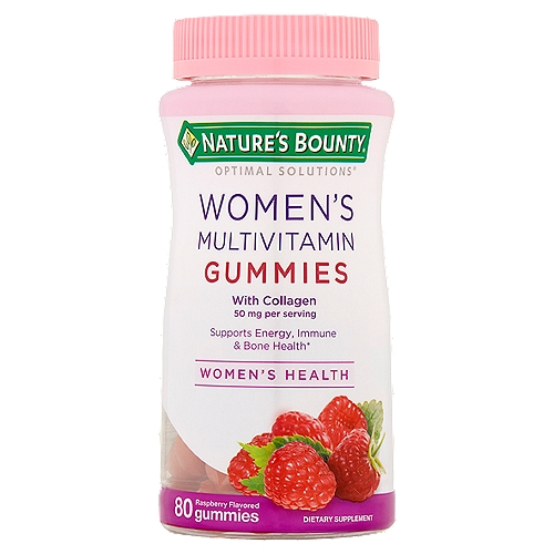 Nature's Bounty Optimal Solutions Women's Multivitamin Raspberry Flavored Gummies, 50 mg, 80 count
Dietary Supplement

Supports energy, immune & bone health*
Aids in the conversion of food into energy* 
*These statements have not been evaluated by the Food and Drug Administration. This product is not intended to diagnose, treat, cure or prevent any disease.

No artificial flavor, no artificial sweetener, no preservatives, no milk, no lactose, no soy, no gluten, no wheat, no yeast, no fish. Sodium free.