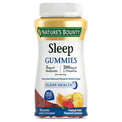 Nature's Bounty Sleep Gummies, 3mg Melatonin and 200mg L-theanine, 100% Drug-Free Sleep Aid, Tropical Punch Flavor, 60 Count, 60 Each
