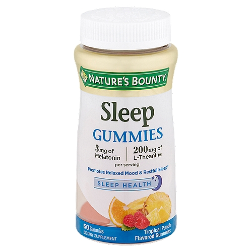 Nature's Bounty Tropical Punch Flavored Sleep Gummies Dietary Supplement, 60 count 
Promotes relaxed mood & restful sleep*
Melatonin is an excellent choice for people experiencing occasional sleeplessness.*
*These statements have not been evaluated by the Food and Drug Administration. This product is not intended to diagnose, treat, cure or prevent any disease.

No artificial flavor, no artificial sweetener, no starch, no milk, no lactose, no soy, no gluten, no wheat, no yeast, no fish. Sodium free.