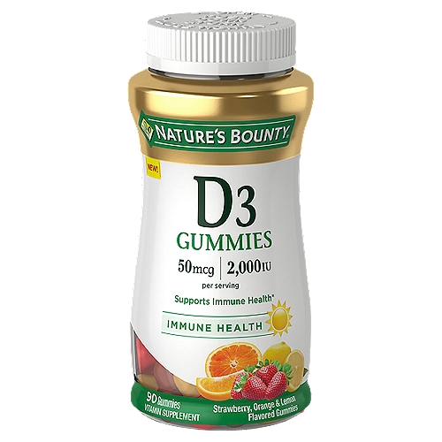 Nature's Bounty Vitamin D3 Gummies, 50 mcg, 2000 IU, 90 Ct
Get your daily dose of the sunshine vitamin, no matter what the weather is outside. Nature's Bounty Vitamin D3 Gummies are a fun way to support your immune system while providing support for strong teeth and bones.* Each serving of these delicious strawberry, orange, and lemon flavored gummies contains 50 mcg of Vitamin D, which is 250% of your recommended percent daily value. Using only naturally sourced colors and flavors, Nature's Bounty Vitamin D3 gummy vitamins have been laboratory tested to guarantee quality. *These statements have not been evaluated by the Food and Drug Administration. These products are not intended to diagnose, treat, cure, or prevent any disease.

Supports immune health*
Supports strong bones & teeth*
*These statements have not been evaluated by the Food and Drug Administration. This product is not intended to diagnose, treat, cure or prevent any disease.

No artificial flavor, no artificial sweetener, no preservatives, no milk, no lactose, no soy, no gluten, no wheat, no yeast, no fish. Sodium free.
