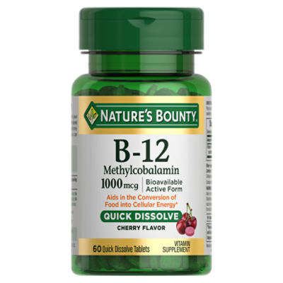 Nature's Bounty Vitamin B12, Supports Energy Metabolism and Nervous System Health, 1000mcg, Cherry Flavor, 60 Quick Dissolve Tablets