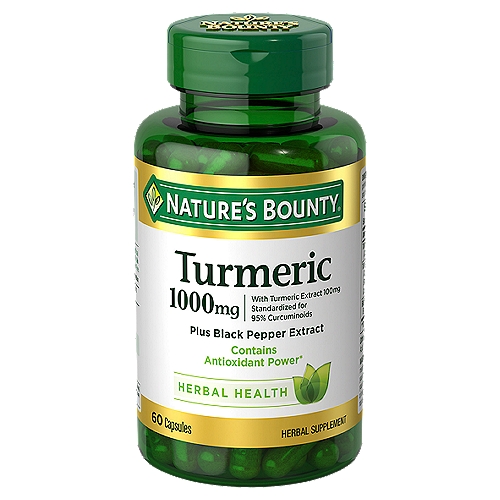 Nature's Bounty Turmeric 1,000mg Plus Black Pepper Extract, 60 Capsules
Nature's Bounty Turmeric Capsules are herbal supplements with plant-based antioxidants that help fight free radicals in the body.* This Turmeric Curcumin supplement is non-GMO and includes no artificial colors, flavors or sweetener. Beneficial flavonoids in Turmeric called Curcuminoids help battle free radicals.* Free radicals are a source of oxidative stress that can lead to the premature aging of cells. This Turmeric supplement is a Standardized Extract that supports antioxidant health, and also includes Black Pepper extract.* Adults can take one capsule daily, preferably with a meal. As an alternative, Nature's Bounty Turmeric 1000 mg capsules can also be opened and prepared as a tea. *These statements have not been evaluated by the Food and Drug Administration. These products are not intended to diagnose, treat, cure, or prevent any disease.

Contains antioxidant power*
*This statement has not been evaluated by the Food and Drug Administration. This product is not intended to diagnose, treat, cure or prevent any disease.

Non-GMO, no artificial color, no artificial flavor, no artificial sweetener, no preservatives, no sugar, no starch, no milk, no lactose, no soy, no gluten, no wheat, no yeast, no fish. Sodium free.