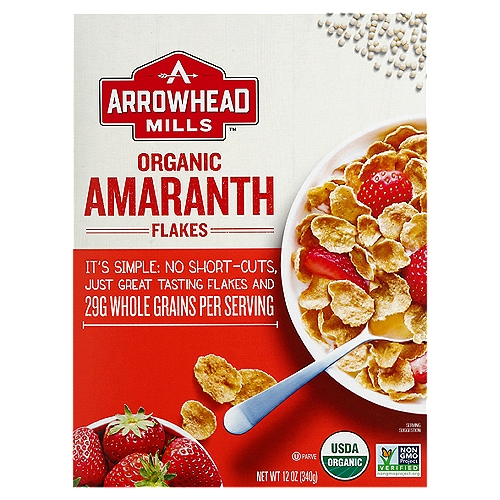 Arrowhead Mills Organic Amaranth Flakes, 12 oz
It's Simple: No Short-Cuts, Just Great Tasting Flakes and 51g Whole Grains per Serving

Our Organic Amaranth Flakes deliciously combine the organic, whole grain ingredients from amaranth, oats, brown rice, yellow corn, and rye to deliver a low fat cereal that is also a good source of dietary fiber per serving.

Whole Grain Amaranth was cherished by the Aztecs. Today's consumers have come to love its nutty taste.