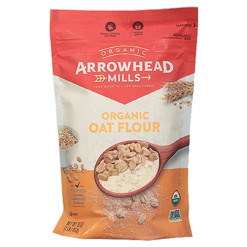 Arrowhead Mills Organic Oat Flour, 16 Ounce Bag
With Arrowhead Mills Organic Oat Flour, it's simple to make delicious, homemade baked goods. This whole grain is a great alternative for baking and is a good source of fiber. It is USDA-Certified Organic, Non-GMO Project Verified and Certified Kosher. Includes one 16 oz. bag of Organic Oat Flour. Arrowhead Mills brand was born in the Texas Panhandle back in 1960. We've grown, but we haven't changed how we do things. We're still using our same trusted milling process and building long-term relationships with our organic growers, working with them face-to-face, day-to-day. Hard work, honesty, kindness, and business with a handshake - that's our process. That's the Arrowhead way. It's how we bring the awesome goodness of the land to your table, and we're real proud of it. 

It's Simple: No Short-Cuts, Just 100% Commitment to Quality and 30g Whole Grains per Serving