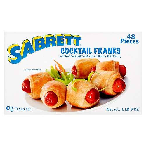 Sabrett Cocktail Franks, 48 count, 1 lb 9 oz
All Beef Cocktail Franks in All Butter Puff Pastry