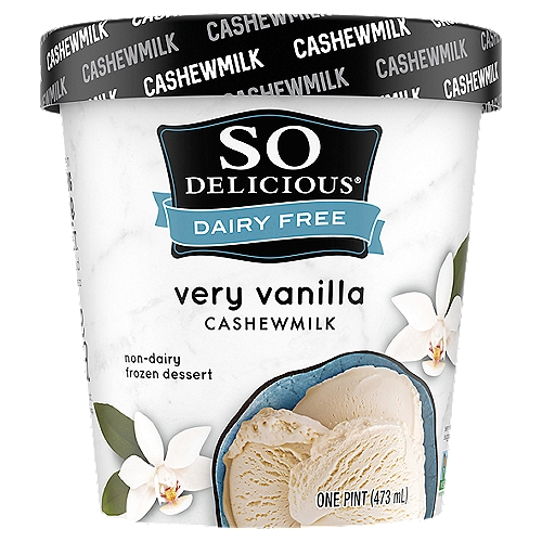 So Delicious Dairy Free Very Vanilla Cashewmilk Non-Dairy Frozen Dessert, 1 pint
Grab a spoon and get ready for a silky-smooth, frozen delight, because the So Delicious Dairy Free Very Vanilla cashewmilk Frozen Dessert is here to enchant your senses. Whether it's packed into a bowl with all your favorite toppings, enjoyed on a cone, or blended into a shake, this nondairy frozen dessert delivers a wondrous combination of flavors, from the subtle creaminess of cashewmilk to the classic caresses of vanilla. We make this frozen dessert without a drop of dairy, lactose, soy, or gluten, harnessing the plant-based goodness of the ever-delicious cashew instead. Has dairy-free ever been so delicious?
For over thirty years, So Delicious Dairy Free has been delighting taste buds around the world with a jaw-dropping variety of delectable, dairy-free products. From our frozen treats to our coffee creamers, we deliver each delicious bite and sip with the promise of dairy-free quality. Our products are free of hydrogenated oils with no colors from artificial sources. Our entire line of foods and beverages is certified vegan and Non-GMO Project Verified certified or enrolled. We're proud of our commitment to both our values and our customers--whether in our robust allergen testing program, the sustainability of our practices, or the ingredients we choose.