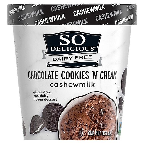 So Delicious Dairy Free Chocolate Cookies 'n' Cream Cashewmilk Non-Dairy Frozen Dessert, 1 pint
Grab a spoon and get ready for a silky-smooth, frozen delight, because the So Delicious Dairy Free Chocolate Cookies N' Cream cashewmilk Frozen Dessert is here to enchant your senses. Whether it's packed into a bowl with all your favorite toppings, enjoyed on a cone, or blended into a shake, this nondairy frozen dessert delivers a wondrous combination of flavors, from the subtle creaminess of cashewmilk to the rich one-two punch of chocolate cookies n' cream. We make this frozen dessert without a drop of dairy, lactose, soy, or gluten, harnessing the plant-based goodness of the ever-delicious cashew instead. Has dairy-free ever been so delicious?
For over thirty years, So Delicious Dairy Free has been delighting taste buds around the world with a jaw-dropping variety of delectable, dairy-free products. From our frozen treats to our coffee creamers, we deliver each delicious bite and sip with the promise of dairy-free quality. Our products are free of hydrogenated oils with no colors from artificial sources. Our entire line of foods and beverages is certified vegan and Non-GMO Project Verified certified or enrolled. We're proud of our commitment to both our values and our customers--whether in our robust allergen testing program, the sustainability of our practices, or the ingredients we choose.