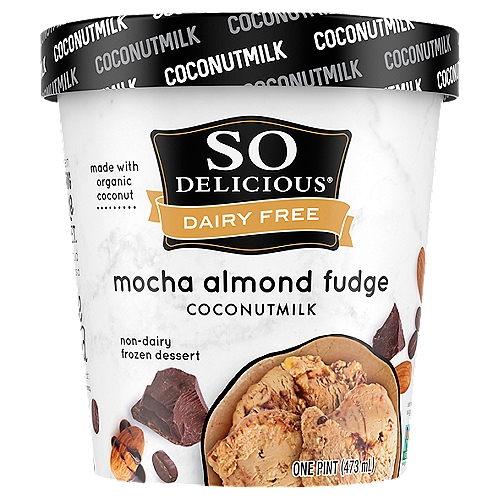 So Delicious Dairy Free Mocha Almond Fudge Coconutmilk Non-Dairy Frozen Dessert, one pint
Grab a spoon and get ready for a silky-smooth, frozen delight, because the So Delicious Dairy Free Mocha Almond Fudge Coconutmilk Frozen Dessert is here to enchant your senses. Whether it's packed into a bowl with all your favorite toppings, enjoyed on a cone, or blended into a shake, this nondairy frozen dessert delivers a wondrous combination of flavors, ranging from the subtly sweet creaminess of coconut to the luscious depth of mocha almond fudge. We make this frozen, dairy-free dessert without a drop of dairy, lactose, soy, or gluten, using plant-based ingredients, like our organic coconutmilk. Has dairy-free ever been so delicious?
For over thirty years, So Delicious Dairy Free has been delighting taste buds around the world with a jaw-dropping variety of delectable, dairy-free products. From our frozen treats to our coffee creamers, we deliver each delicious bite and sip with the promise of dairy-free quality. Our products are free of hydrogenated oils with no colors from artificial sources. Our entire line of foods and beverages is certified vegan and Non-GMO Project Verified certified or enrolled. We're proud of our commitment to both our values and our customers--whether in our robust allergen testing program, the sustainability of our practices, or the ingredients we choose.
