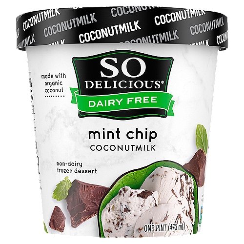 So Delicious Dairy Free Mint Chip Coconutmilk Non-Dairy Frozen Dessert, one pint
Grab a spoon and get ready for a silky-smooth, frozen delight, because the So Delicious Dairy Free Mint Chip Coconutmilk Frozen Dessert is here to enchant your senses. Whether it's packed into a bowl with all your favorite toppings, enjoyed on a cone, or blended into a shake, this nondairy frozen dessert delivers a wondrous combination of flavors, ranging from the subtly sweet creaminess of coconut to the classic kick of mint chocolate chip. We make this frozen, dairy-free dessert without a drop of dairy, lactose, soy, or gluten, using plant-based ingredients, like our organic coconutmilk. Has dairy-free ever been so delicious?
For over thirty years, So Delicious Dairy Free has been delighting taste buds around the world with a jaw-dropping variety of delectable, dairy-free products.
From our frozen treats to our coffee creamers, we deliver each delicious bite and sip with the promise of dairy-free quality. Our products are free of hydrogenated oils with no colors from artificial sources. Our entire line of foods and beverages is certified vegan and Non-GMO Project Verified certified or enrolled. We're proud of our commitment to both our values and our customers--whether in our robust allergen testing program, the sustainability of our practices, or the ingredients we choose.