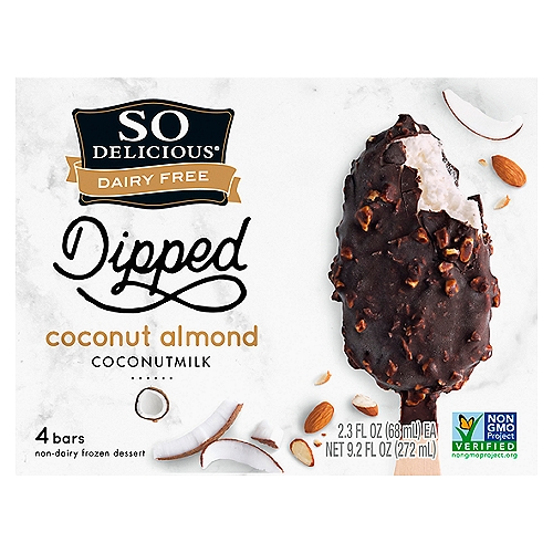 So Delicious Dairy Free Coconutmilk Dipped Non-Dairy Frozen Dessert Bars, 4 count, 2.3 fl oz
With every velvety mouthful of a So Delicious Dairy Free Dipped Coconutmilk Frozen Dessert Bar, you get one of life's rarest opportunities: a moment to indulge. We make these nondairy frozen dessert bars without a drop of dairy, using simple, plant-based ingredients and trimming down the calories so you can treat yourself. Each bar offers a lush symphony of flavors with a silky slab of frozen coconutmilk coated in rich chocolate and finished with the natural crunch of almonds. Has a dairy-free lifestyle ever tasted so delicious?
For over thirty years, So Delicious Dairy Free has been delighting taste buds around the world with a jaw-dropping variety of delectable, dairy-free products. From our frozen treats to our coffee creamers, we deliver each delicious bite and sip with the promise of dairy-free quality. Our products are free of hydrogenated oils with no colors from artificial sources. Our entire line of foods and beverages is certified vegan and Non-GMO Project Verified certified or enrolled. We're proud of our commitment to both our values and our customers--whether in our robust allergen testing program, the sustainability of our practices, or the ingredients we choose.
