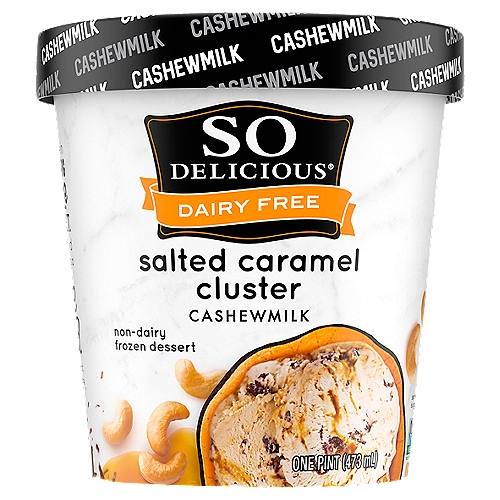 So Delicious Dairy Free Salted Caramel Cluster Cashewmilk Non-Dairy Frozen Dessert, one pint
Grab a spoon and get ready for a silky-smooth, frozen delight, because the So Delicious Dairy Free Salted Caramel Cluster cashewmilk Frozen Dessert is here to enchant your senses. Whether it's packed into a bowl with all your favorite toppings, enjoyed on a cone, or blended into a shake, this nondairy frozen dessert delivers a wondrous combination of flavors, from the subtle creaminess of cashewmilk to the rich, soul-soothing depth salted caramel cluster. We make this frozen dessert without a drop of dairy, lactose, soy, or gluten, harnessing the plant-based goodness of the ever-delicious cashew instead. Has dairy-free ever been so delicious?
For over thirty years, So Delicious Dairy Free has been delighting taste buds around the world with a jaw-dropping variety of delectable, dairy-free products. From our frozen treats to our coffee creamers, we deliver each delicious bite and sip with the promise of dairy-free quality. Our products are free of hydrogenated oils with no colors from artificial sources. Our entire line of foods and beverages is certified vegan and Non-GMO Project Verified certified or enrolled. We're proud of our commitment to both our values and our customers--whether in our robust allergen testing program, the sustainability of our practices, or the ingredients we choose.