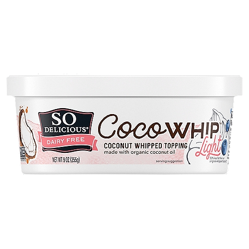 So Delicious Dairy Free Cocowhip Light Coconut Whipped Topping, 9 oz
Take your favorite desserts and beverages to new heights with So Delicious Dairy Free CocoWhip Light, the fluffy topping that goes great on ice cream, shakes, pies, crepes, berries, and more. We make our nondairy CocoWhip with organic coconut oil and other plant-based ingredients, so you can enjoy your treats. With only 25 calories per serving and half the fat* of our Original CocoWhip, CocoWhip Light provides the perfect, low-calorie opportunity to satisfy your sweet tooth.

 
*So Delicious Light Whipped Topping: 1g fat/serv; So Delicious Original Whipped Topping: 2g fat/serv
For over thirty years, So Delicious Dairy Free has been delighting taste buds around the world with a jaw-dropping variety of delectable, dairy-free products. From our frozen treats to our coffee creamers, we deliver each delicious bite and sip with the promise of dairy-free quality. Our products are free of hydrogenated oils with no colors from artificial sources. Our entire line of foods and beverages is certified vegan and Non-GMO Project Verified certified or enrolled. We're proud of our commitment to both our values and our customers--whether in our robust allergen testing program, the sustainability of our practices, or the ingredients we choose.