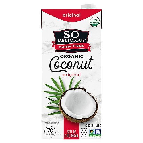 So Delicious Original Organic Coconutmilk, 32 fl oz
Delight in the silky goodness of coconut with So Delicious Dairy Free Original Coconutmilk. Filled with creamy flavor and containing 0mg cholesterol per serving, our delectable coconutmilk offers a delicious alternative to dairy. With each cool, refreshing glass, you can taste the coconut's rich depth of flavor. Not only that, but our sumptuous coconutmilk makes a great addition to your favorite recipes; just substitute it for dairy milk in an easy one-for-one ratio. And for your convenience, our coconutmilk is available in aseptic packaging that keeps it shelf stable unopened. Has a dairy-free lifestyle ever been so easy or tasty?
For over thirty years, So Delicious Dairy Free has been delighting taste buds around the world with a jaw-dropping variety of delectable, dairy-free products. From our frozen treats to our coffee creamers, we deliver each delicious bite and sip with the promise of dairy-free quality. Our products are free of hydrogenated oils with no colors from artificial sources. Our entire line of foods and beverages is certified vegan and Non-GMO Project Verified certified or enrolled. We're proud of our commitment to both our values and our customers--whether in our robust allergen testing program, the sustainability of our practices, or the ingredients we choose.