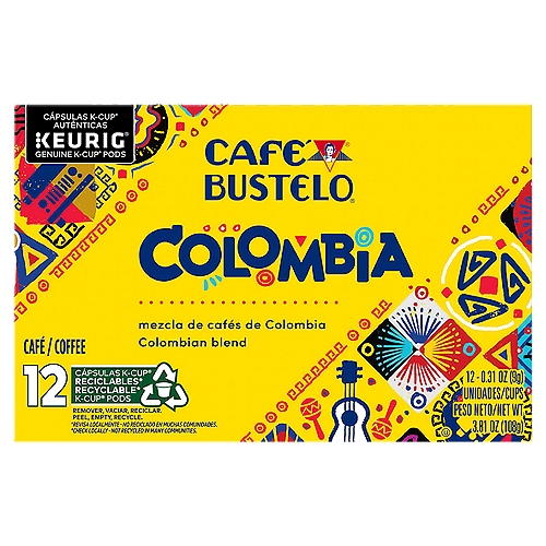 Café Bustelo Colombia Blend Coffee K-Cup Pods, 0.31 oz, 12 countn¡Hola! Experience a medium roast coffee like no other— directly sourced from the farms of Colombia. With an irresistible aroma and vibrant flavor, this blend has been specially roasted to ensure a flavorful, smooth coffee that stands out with or without cream and sugar.nAlways Pure and Flavorful, Like No Other.