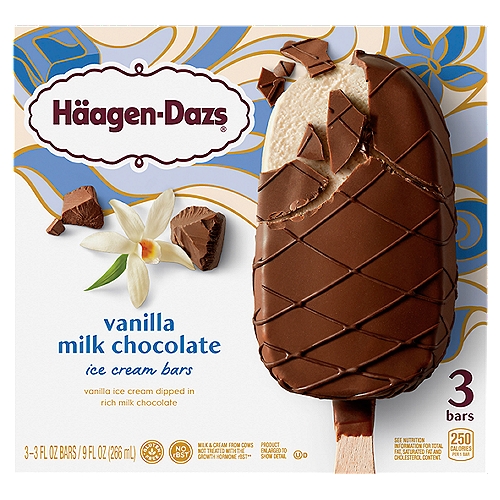 Häagen-Dazs Vanilla Milk Chocolate Ice Cream Bars, 3 fl oz, 3 count
Vanilla Ice Cream Dipped In, then Drizzled in Rich Milk Chocolate

Milk & Cream from Cows Not Treated with the Growth Hormone rBST**
**No Significant Difference Has Been Shown Between Milk from rBST Treated and Non-rBST Treated Cows.

Our signature vanilla ice cream unites with a rich milk chocolate coating and chocolate drizzle for a classic indulgence.