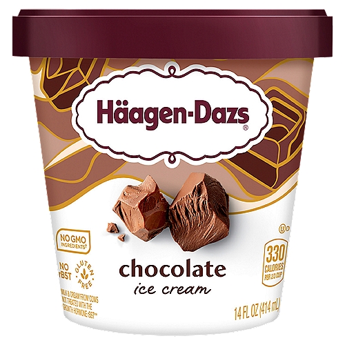 Häagen-Dazs Chocolate Ice Cream, 14 fl oz
No GMO ingredients†
†SGS verified the Nestlé process for manufacturing this product with no GMO ingredients - sgs.com/no-gmo

Milk & cream from cows not treated with the growth hormone rBST**
**No significant difference has been shown between milk from rBST treated and non-rBST treated cows.

Our signature chocolate has remained unchanged since our founding, using only five ingredients to create a pure and uncompromised flavor experience.