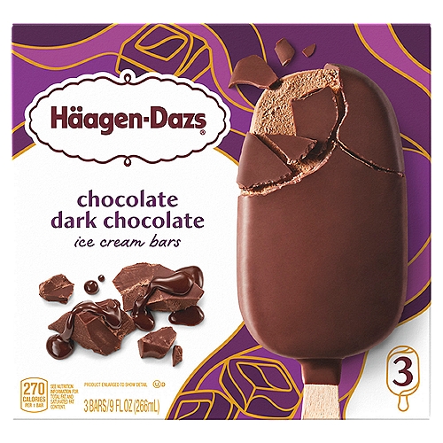 Häagen-Dazs Chocolate Dark Chocolate Ice Cream Bars, 3 fl oz, 3 count
Chocolate Ice Cream Dipped in Fine Dark Chocolate

No rBST
Milk & Cream from Cows Not Treated with the Growth Hormone rBST**
**No Significant Difference Has Been Shown Between Milk from rBST Treated and Non-rBSt Treated Cows.

Milk chocolate ice cream is enrobed in dark chocolate with a chocolate drizzle for a truly decadent reward.