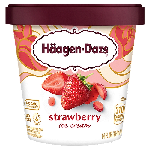 Häagen-Dazs Strawberry Ice Cream, 14 fl oz
No GMO ingredients†
†SGS Verified the Nestlé process for manufacturing this product with no GMO ingredients
sgs.com/no-gmo

Milk & cream from cows not treated with the growth hormone rBST**
**No significant difference has been shown between milk from rBST treated and non-rBST treated cows.

We fold carefully selected, sun-ripened strawberries into milk, cream, eggs, and sugar to create a pure, uncompromised flavor experience.