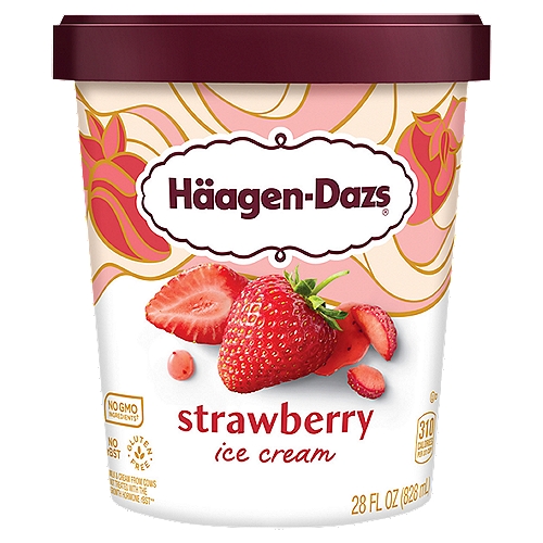 Häagen-Dazs Strawberry Ice Cream, 28 fl oz
No GMO Ingredients†
†SGS Verified the Nestlé Process for Manufacturing this Product with No GMO Ingredients
sgs.com/no-gmo

Milk & Cream from Cows Not Treated with the Growth Hormone rBST**
**No Significant Difference Has Been Shown Between Milk from rBST Treated and Non-rBST Treated Cows.

We fold carefully selected, sun-ripened strawberries into milk, cream, eggs, and sugar to create a pure, uncompromised flavor experience.